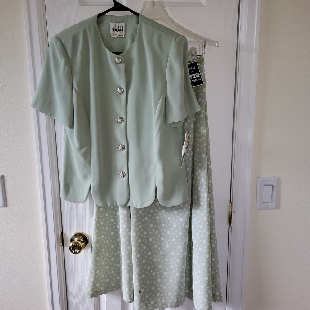 Leslie Fay Dresses Skirt Suit Set Size‎ 8 Green Polka Dot Elastic Button A-Line